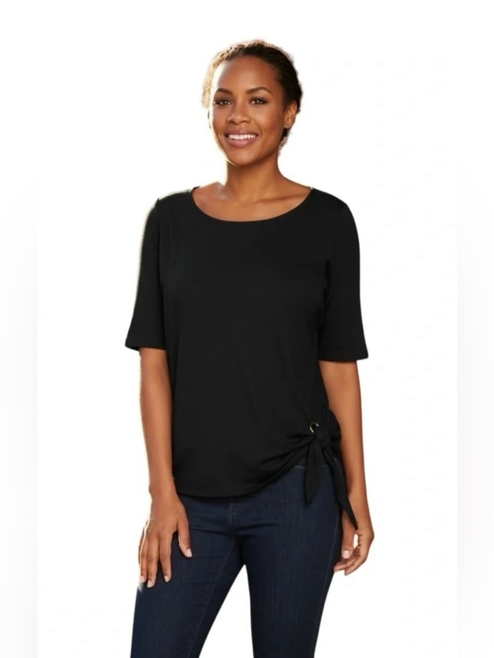Belle by Kim Gravel Women’s TripleLuxe Side Tie Grommet Top Black Small Stretch
